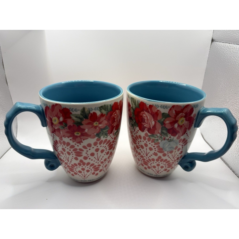Pioneer Woman Floral Mugs Set of 2 Turquoise Scroll Handle 2918DMT Large